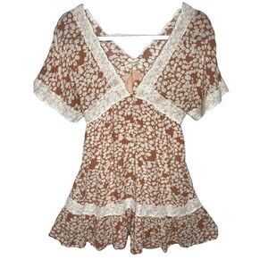 Baevely Babydoll Floral Mini Dress Plunge V-Neck Lace Lined Women S Peach Cream